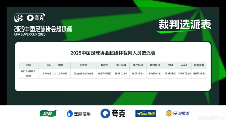  超級杯海港vs申花裁判員名單：主裁判唐順齊，VAR劉威